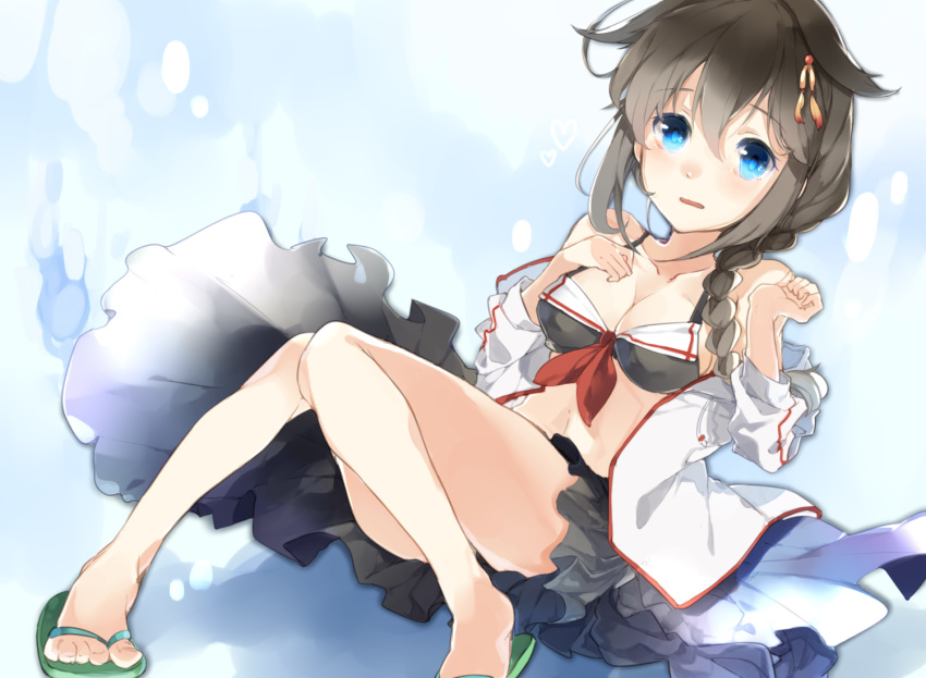 1girl, adapted_costume, ahoge, bikini, black_hair, blue_eyes, braid, hair_flaps