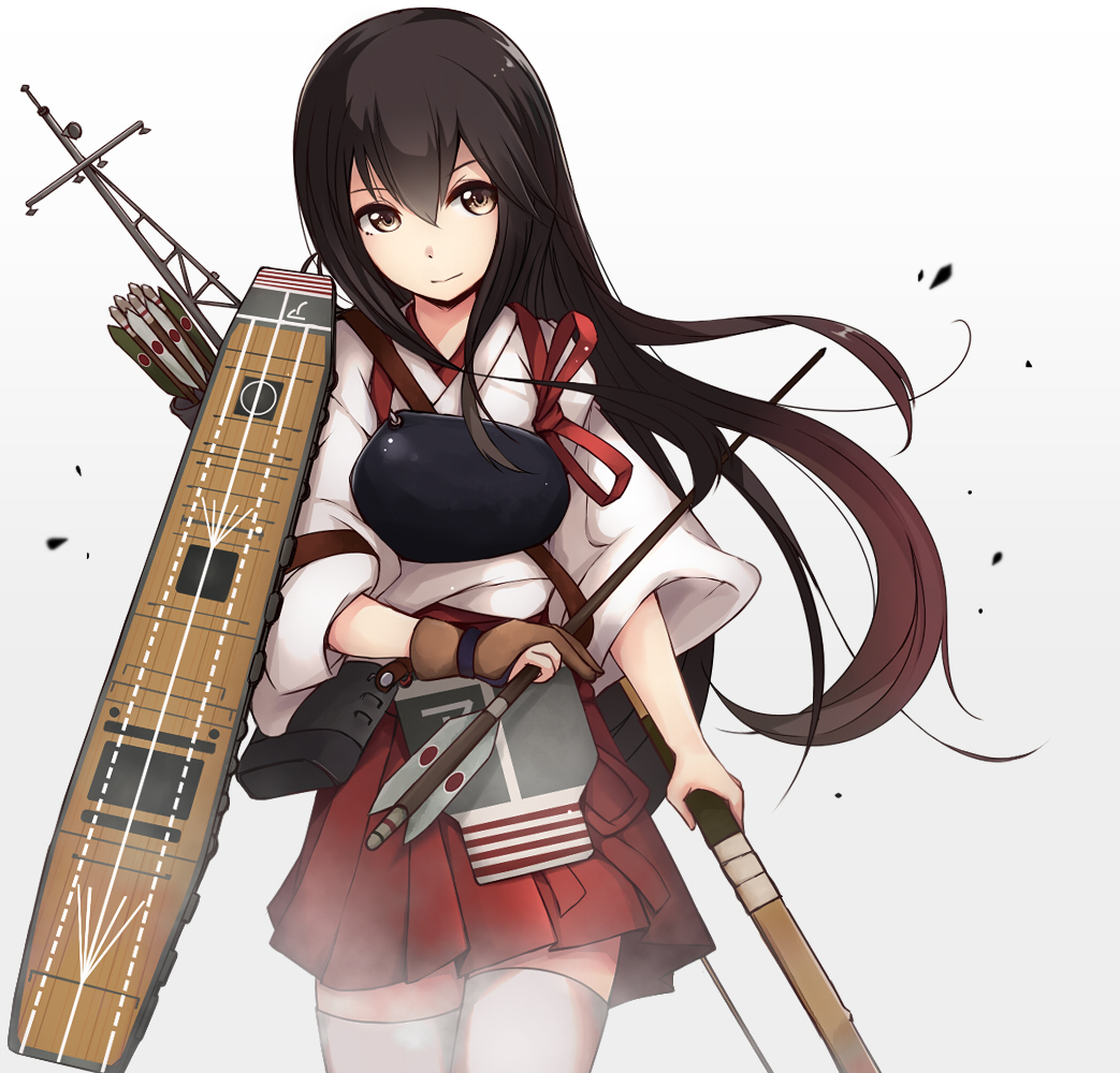 1girl, akagi_(kantai_collection), arrow, black_hair, bow_(weapon), brown_eyes, colis_(regunm772), cowboy_shot, flight_deck, hakama_skirt, japanese_clothes, kantai_collection, long_hair, looking_at_viewer, muneate, pleated_skirt, quiver, red_skirt, simple_background, skirt, solo, tasuki, thigh-highs, weapon, white_background, white_legwear, yugake