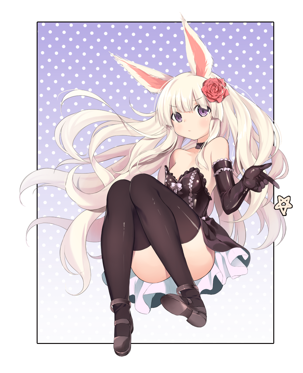 1girl, animal_ears, bare_shoulders, black_dress, black_legwear, blonde_hair, choker, convenient_censoring, dress, elbow_gloves, elin_(tera), floating_hair, flower, gloves, gradient, gradient_background, hair_flower, hair_ornament, highres, knees_together_feet_apart, long_hair, mary_janes, polka_dot, polka_dot_background, rabbit_ears, shoes, short_dress, strapless_dress, tera_online, thighhighs, tsuka, very_long_hair, violet_eyes