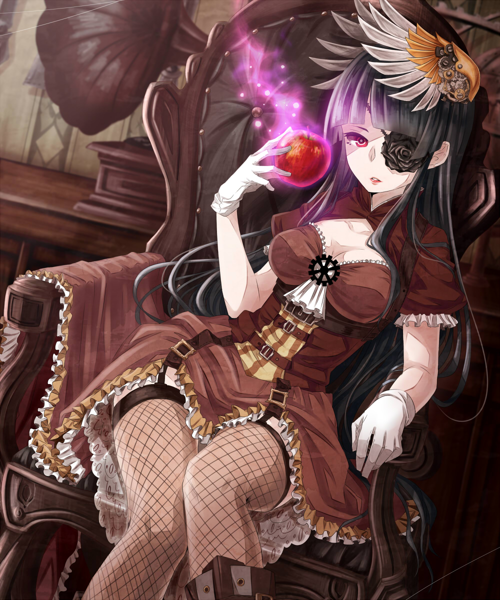 1girl, apple, armchair, belt, black_hair, black_rose, boots, breasts, chair, cleavage, dress, eyepatch, fishnet_legwear, fishnets, flower, food, frilled_dress, frills, fruit, garter_straps, gears, gloves, glowing, hair_ornament, highres, lipstick, long_hair, looking_at_viewer, makeup, original, phonograph, red_eyes, rindo8_(rindo7), rose, short_sleeves, sitting, solo, white_gloves