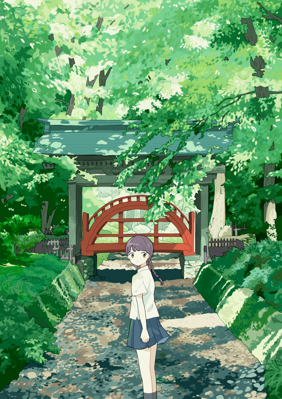 1girl, architecture, braid, bridge, east_asian_architecture, grass, gumi., highres, long_hair, looking_back, original, outdoors, pleated_skirt, riverbed, skirt, socks, solo, standing, tree, twin_braids