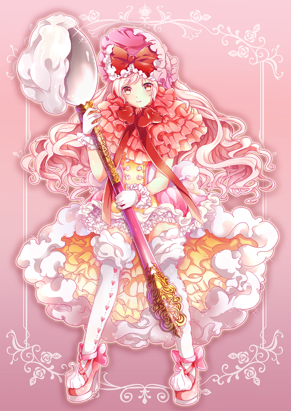 1girl, bonnet, bow, food_as_clothes, food_themed_clothes, gloves, hair_bow, highres