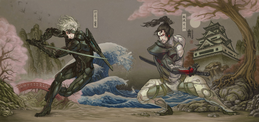 2boys, absurdres, armor, battle, battoujutsu_stance, bird, bridge, castle