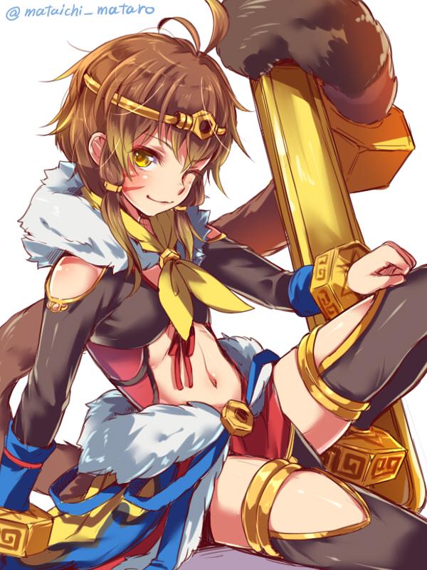 1girl, bare_shoulders, breasts, brown_eyes, brown_hair, crown, mataichi_matarou, monkey_tail, monkey_wrench_(ole_tower), ole_tower, one_eye_closed, short_hair, solo, tail, thigh-highs