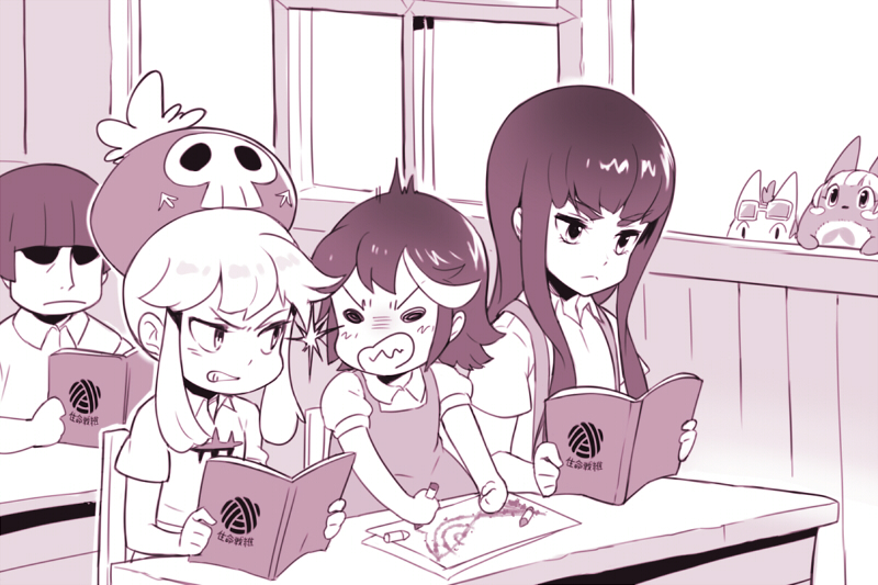 1000marie, 1boy, 3girls, angry, blush_stickers, book, child, crayon, creature, drawing, eye_contact, fusion, hat, jakuzure_nonon, kill_la_kill, kiryuuin_satsuki, kusakabe_mei, kusakabe_mei_(cosplay), kusakabe_satsuki, kusakabe_satsuki_(cosplay), looking_at_another, mankanshoku_mako, mankanshoku_matarou, matoi_ryuuko, multiple_girls, namesake, reading, school, school_desk, skull, student, studying, tonari_no_totoro, window, younger
