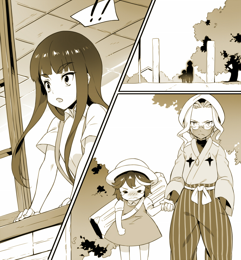 !, !!, 1000marie, 1boy, 2girls, blush, carrying_over_shoulder, case