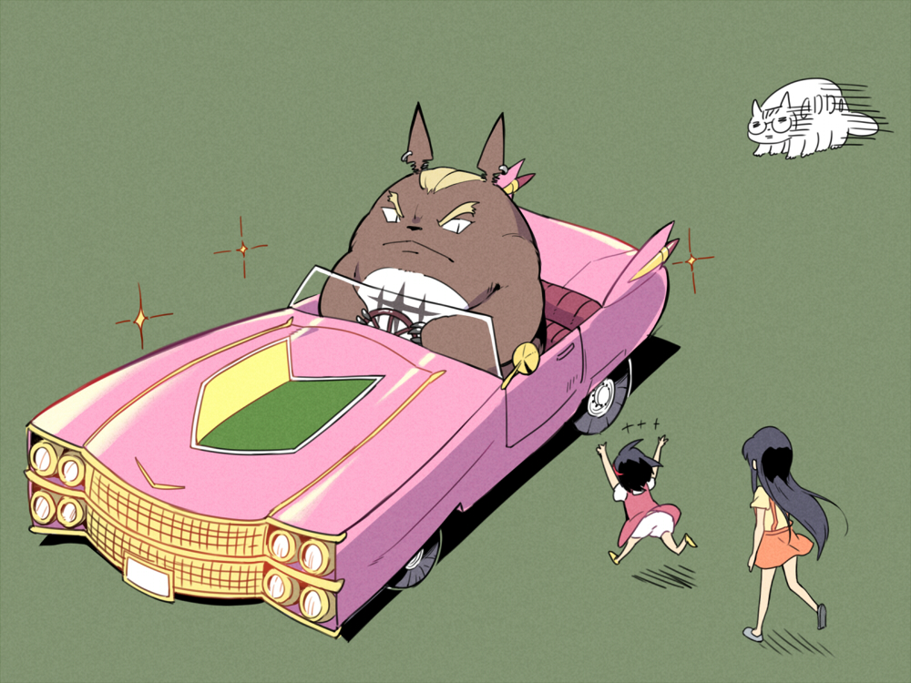 1000marie, 2girls, animalization, arms_up, black_hair, bloomers, cadillac, car