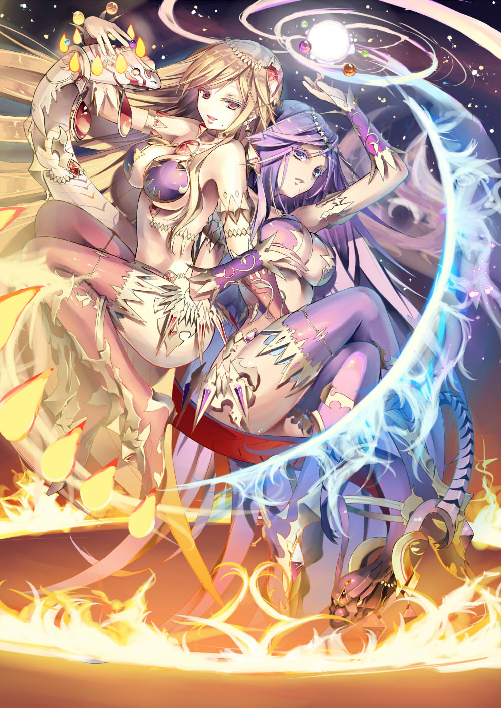 2girls, armlet, blonde_hair, breasts, cleavage, fire, hair_ornament, highres