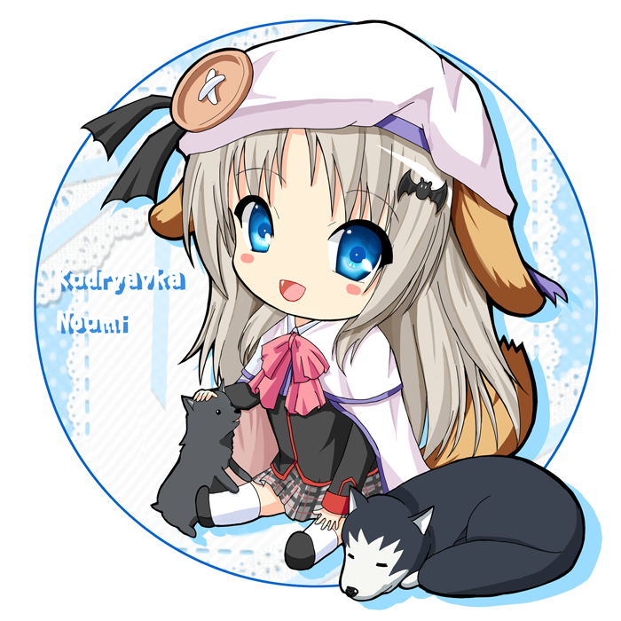 1girl, animal_ears, belka, blue_eyes, cape, dog, dog_ears, fang