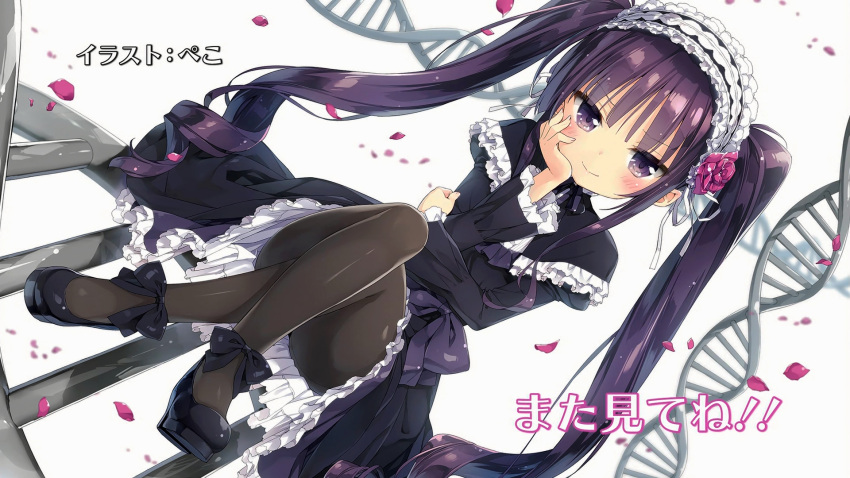 1girl, absolute_duo, black_dress, black_legwear, blush, crossed_legs, dress, drill_hair