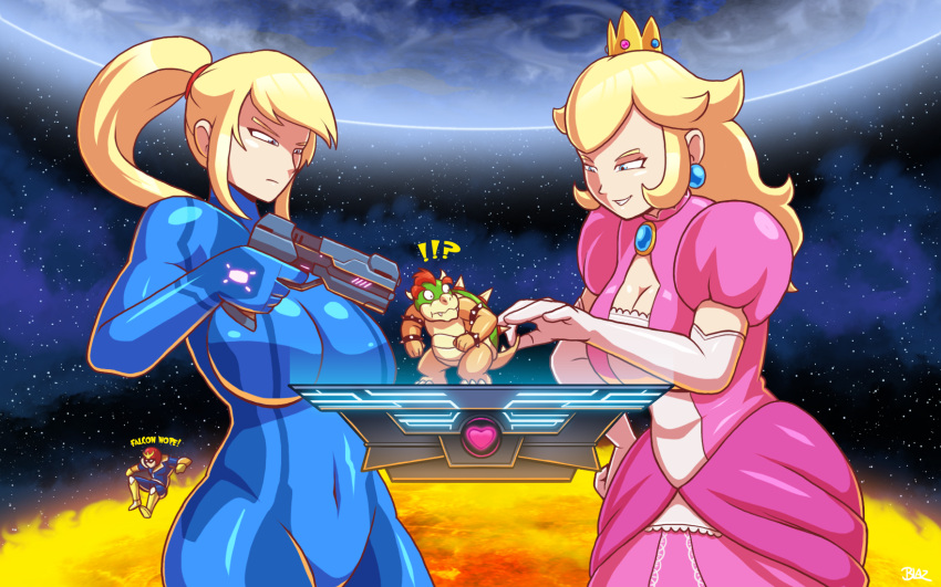 2boys, 2girls, blonde_hair, bowser, captain_falcon, f-zero, final_destination, giant