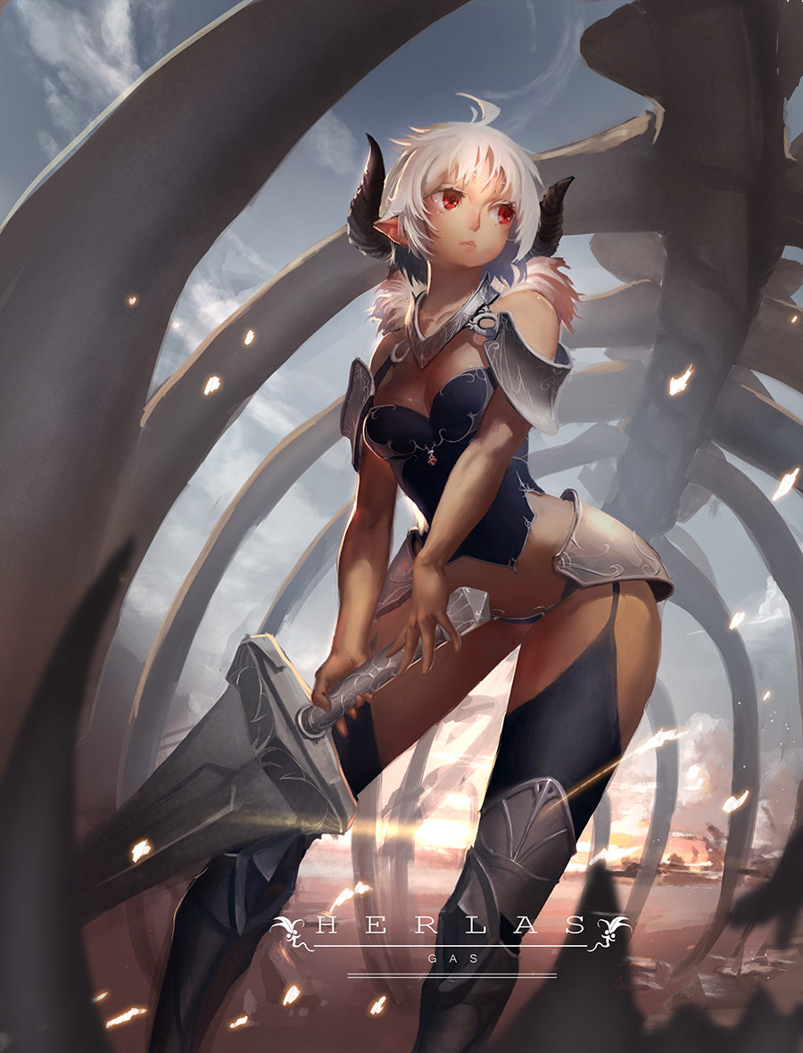 1girl, breasts, ghostas, horns, original, pointy_ears, red_eyes, short_hair
