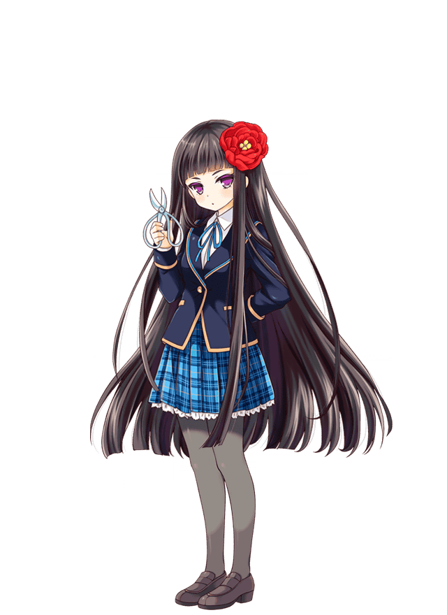 1girl, artist_request, black_hair, girlfriend_(kari), long_hair, official_art, pantyhose, plaid, plaid_skirt, pleated_skirt, qp:flapper, school_uniform, shiranui_isuzu, simple_background, skirt, very_long_hair, violet_eyes, white_background
