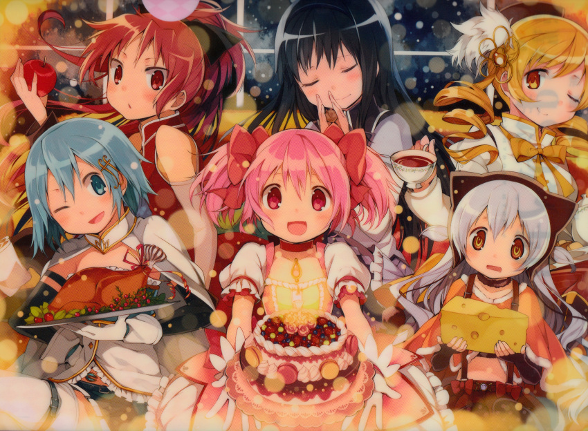 6+girls, absurdres, akemi_homura, akuma_homura, apple, black_hair, blonde_hair, blue_eyes, blue_hair, bow, cake, cape, cheese, cup, drill_hair, drooling, flower, food, fruit, gloves, grey_hair, hair_bow, hair_ornament, hair_ribbon, hairclip, hairpin, hanokage, hat, highres, icing, kaname_madoka, long_hair, looking_at_viewer, macaron, magical_girl, mahou_shoujo_madoka_magica, mahou_shoujo_madoka_magica_movie, miki_sayaka, momoe_nagisa, multiple_girls, nut_(food), official_art, one_eye_closed, outstretched_arms, pantyhose, pastry, pink_eyes, pink_hair, plate, polka_dot, polka_dot_legwear, ponytail, red_eyes, redhead, ribbon, rose, sakura_kyouko, scan, short_hair, short_twintails, smile, star, star-shaped_pupils, strawberry, symbol-shaped_pupils, tea, teacup, thigh-highs, tomoe_mami, turkey_(food), twin_drills, twintails, two_side_up, white_gloves, white_legwear, yellow_eyes