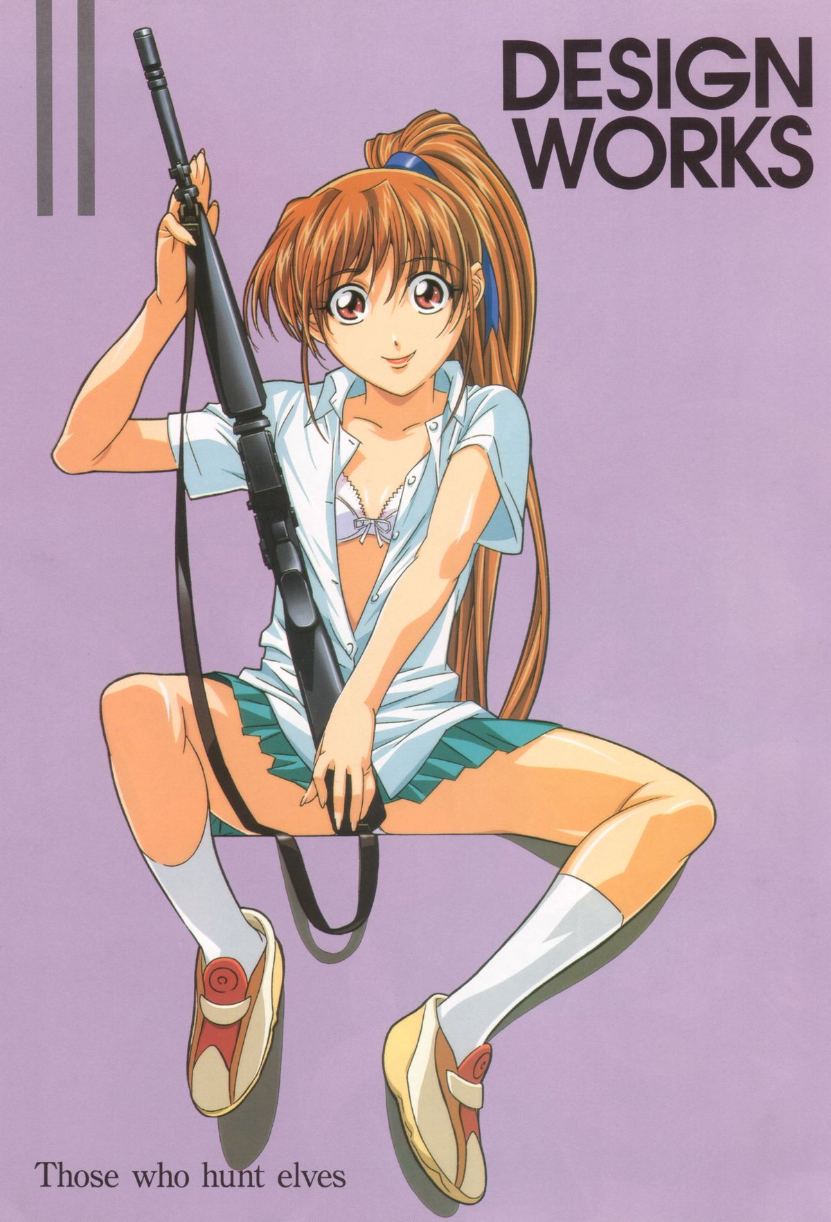 1girl, assault_rifle, bow, bow_bra, bra, copyright_name, elf_wo_karu_mono-tachi, gotou_keiji, gun, highres, inoue_ritsuko, long_hair, looking_at_viewer, m16, open_clothes, open_shirt, orange_hair, panties, pantyshot, pantyshot_(sitting), ponytail, red_eyes, rifle, scan, school_uniform, shirt, shoes, simple_background, sitting, skirt, smile, sneakers, solo, spread_legs, underwear, weapon