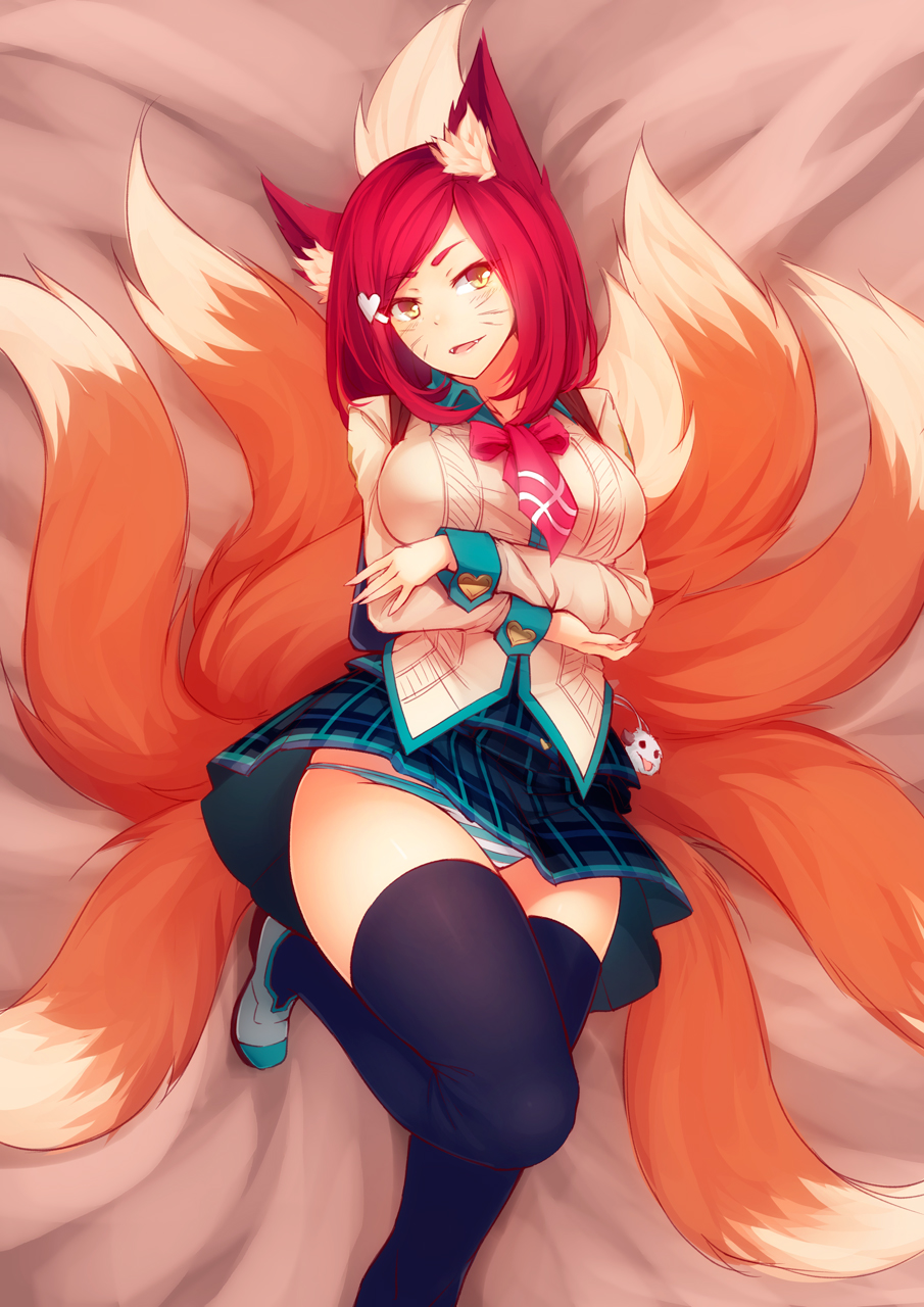 1girl, ahri, animal_ears, black_legwear, breasts, crossed_arms, fangs, fox_ears