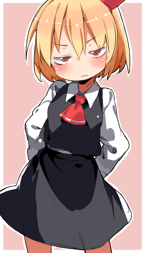 1girl, arms_behind_back, ascot, blonde_hair, blush, cowboy_shot, dress, glaring