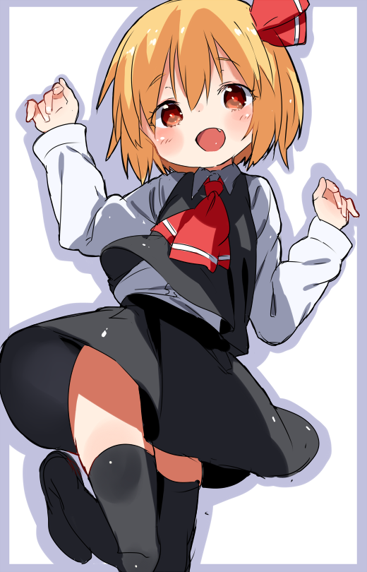 1girl, :o, ascot, black_legwear, blonde_hair, blush, dress, fang