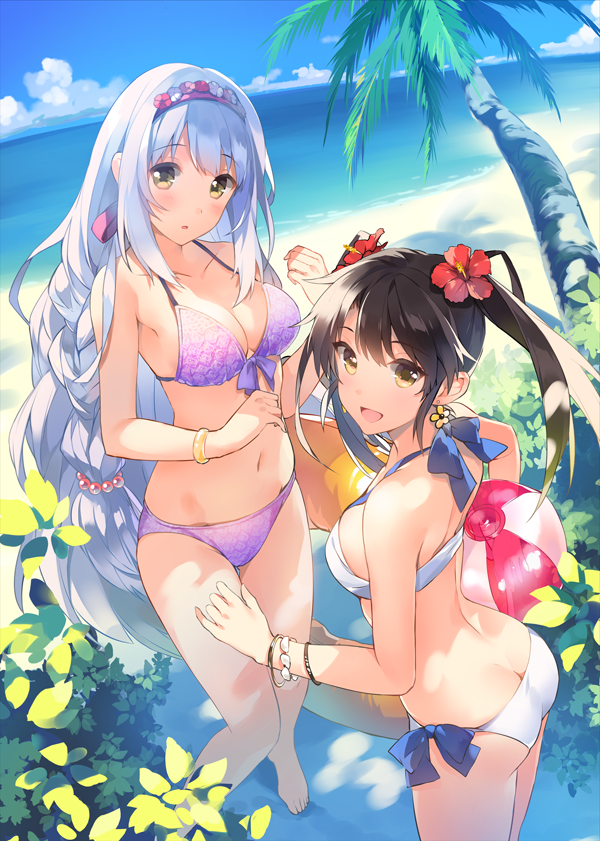 2girls, :d, ass, ball, bare_legs, barefoot, beach, beachball, bikini, black_hair, blue_sky, bracelet, breasts, brown_eyes, butt_crack, cleavage, earrings, flower, front-tie_top, hair_flower, hair_ornament, hairband, hibiscus, innertube, jewelry, kantai_collection, knees_together_feet_apart, leaning_forward, long_hair, looking_at_viewer, looking_back, multiple_girls, navel, open_mouth, outdoors, purple_bikini, shoukaku_(kantai_collection), sky, smile, swimsuit, tousaki_umiko, twintails, very_long_hair, white_bikini, white_hair, white_swimsuit, yellow_eyes, zuikaku_(kantai_collection)