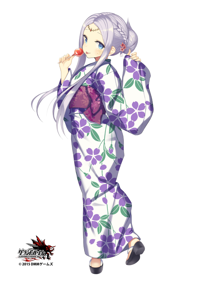 1girl, blue_eyes, candy_apple, character_request, floral_print, grand_harem, japanese_clothes, kimono, obi, pokachu, sash, shoes, silver_hair, simple_background, solo, tongue, tongue_out, white_background, yukata