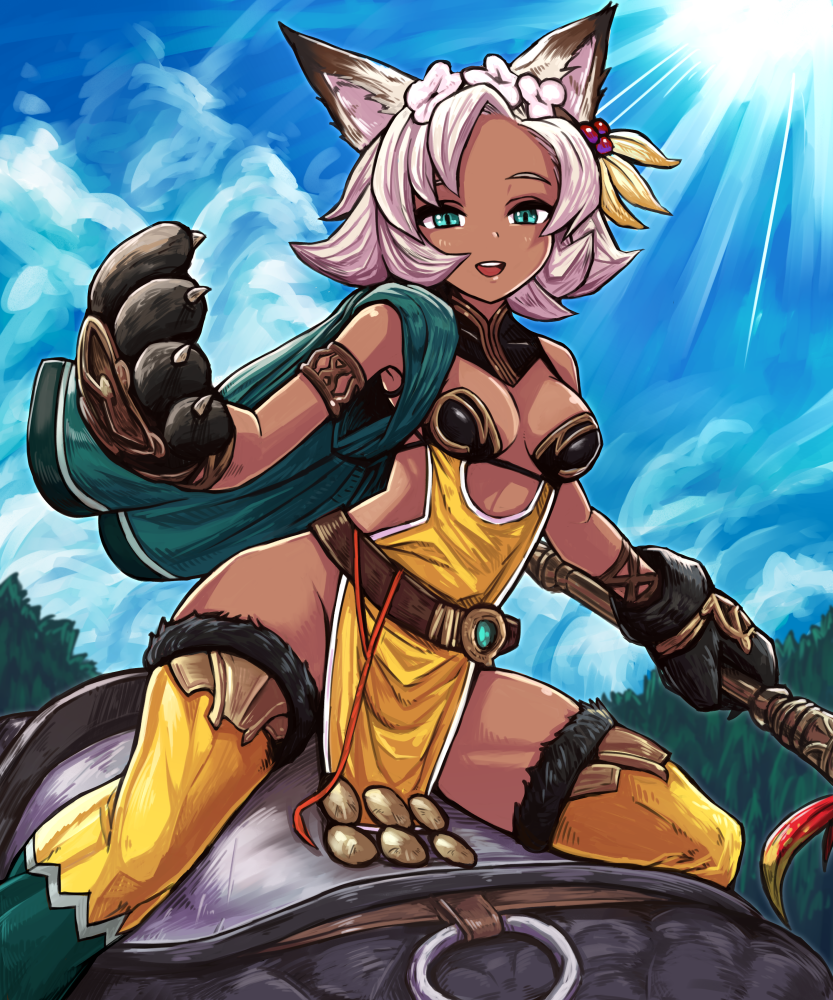 1girl, animal_ears, blue_eyes, blush, breasts, cat_ears, cleavage, dark_skin