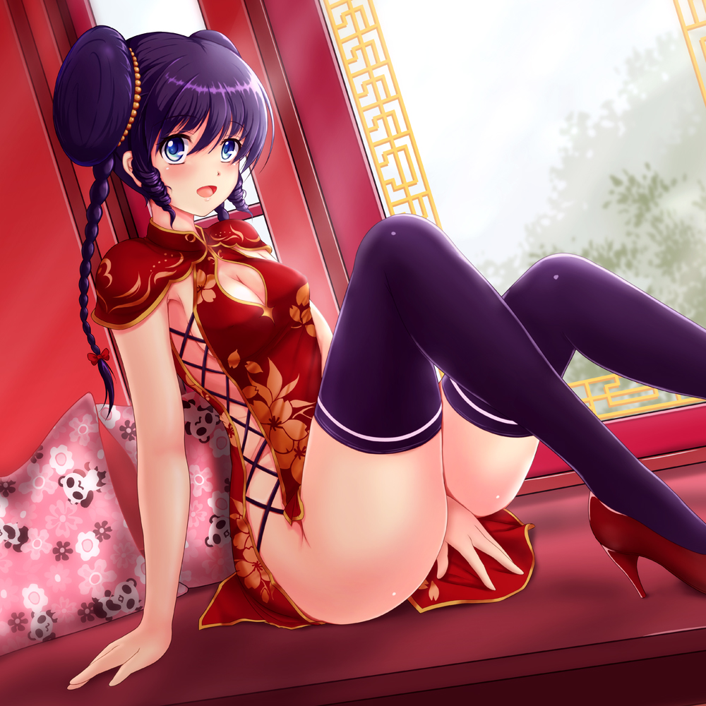 1girl, blue_eyes, braid, breasts, china_dress, chinese_clothes, choujikuu_yousai_macross, cleavage