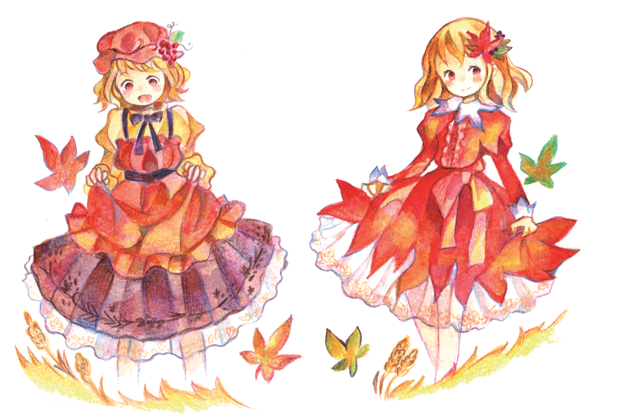 2girls, aki_minoriko, aki_shizuha, blonde_hair, dress, food, fruit, grapes