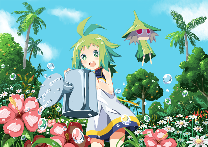 1girl, :d, ahoge, airana, creature, floating, flower, green_eyes