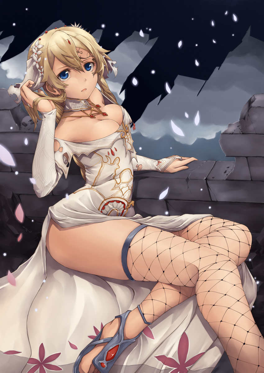 1girl, bare_shoulders, blue_eyes, breasts, brown_hair, cleavage, collar, collarbone, dress, fingerless_gloves, fishnet_legwear, fishnets, gloves, highres, kuroboshi_roki, long_sleeves, looking_at_viewer, lord_of_vermilion, short_hair, side_slit, solo, strapless_dress, thigh-highs