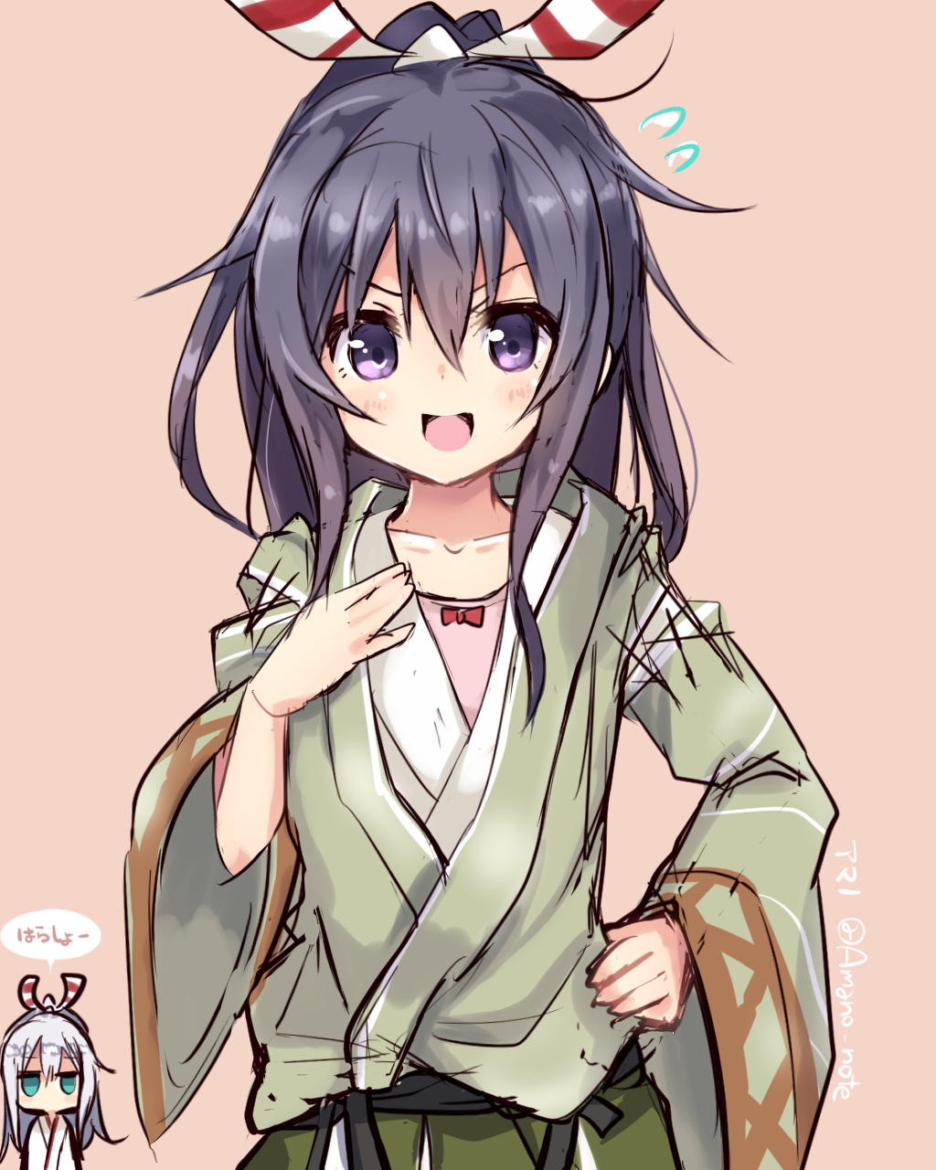 2girls, :d, akatsuki_(kantai_collection), amano_kouki, aqua_eyes, camisole, collarbone, flying_sweatdrops, hair_ribbon, hand_on_hip, hand_on_own_chest, hibiki_(kantai_collection), high_ponytail, highres, kantai_collection, long_hair, looking_at_viewer, multiple_girls, open_mouth, purple_hair, remodel_(kantai_collection), ribbon, smile, twitter_username, violet_eyes, white_hair, zuihou_(kantai_collection), zuihou_(kantai_collection)_(cosplay)