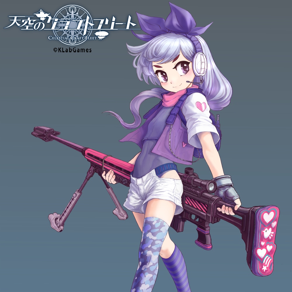 1girl, backpack, bag, behind_back, eyebrows, fingerless_gloves, gloves, gun, headband, headset, jacket, kneehighs, looking_at_viewer, official_art, purple_hair, rifle, scope, shaap, single_kneehigh, single_thighhigh, smile, solo, striped, striped_legwear, tenkuu_no_kurafuto_furito, thigh-highs, violet_eyes, weapon