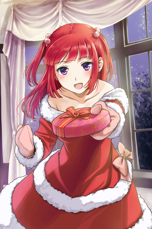 1girl, alternate_eye_color, christmas, curtains, dress, gift, hair_bobbles, hair_ornament