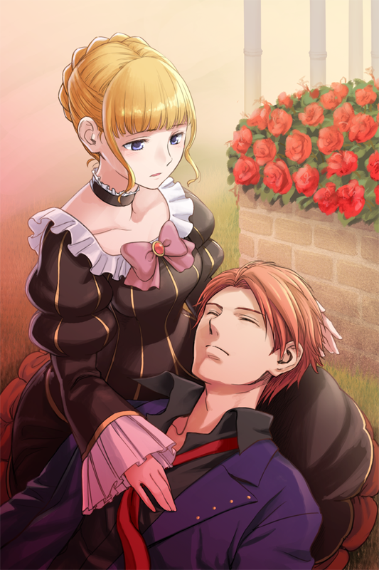 1boy, 1girl, beatrice, black_battler, blonde_hair, blue_eyes, bow, choker