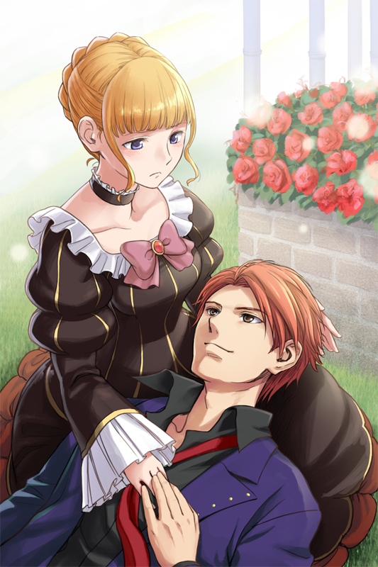 1boy, 1girl, beatrice, black_battler, blonde_hair, blue_eyes, bow, choker