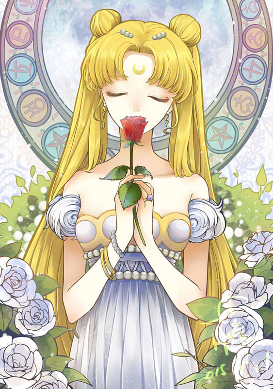 1girl, bare_shoulders, bishoujo_senshi_sailor_moon, blonde_hair, bracelet, closed_eyes, collarbone, crescent
