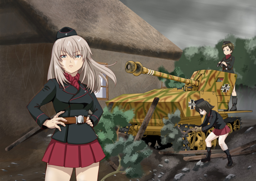 absurdres, belt, binoculars, boots, brown_hair, camouflage, caterpillar_tracks, clouds