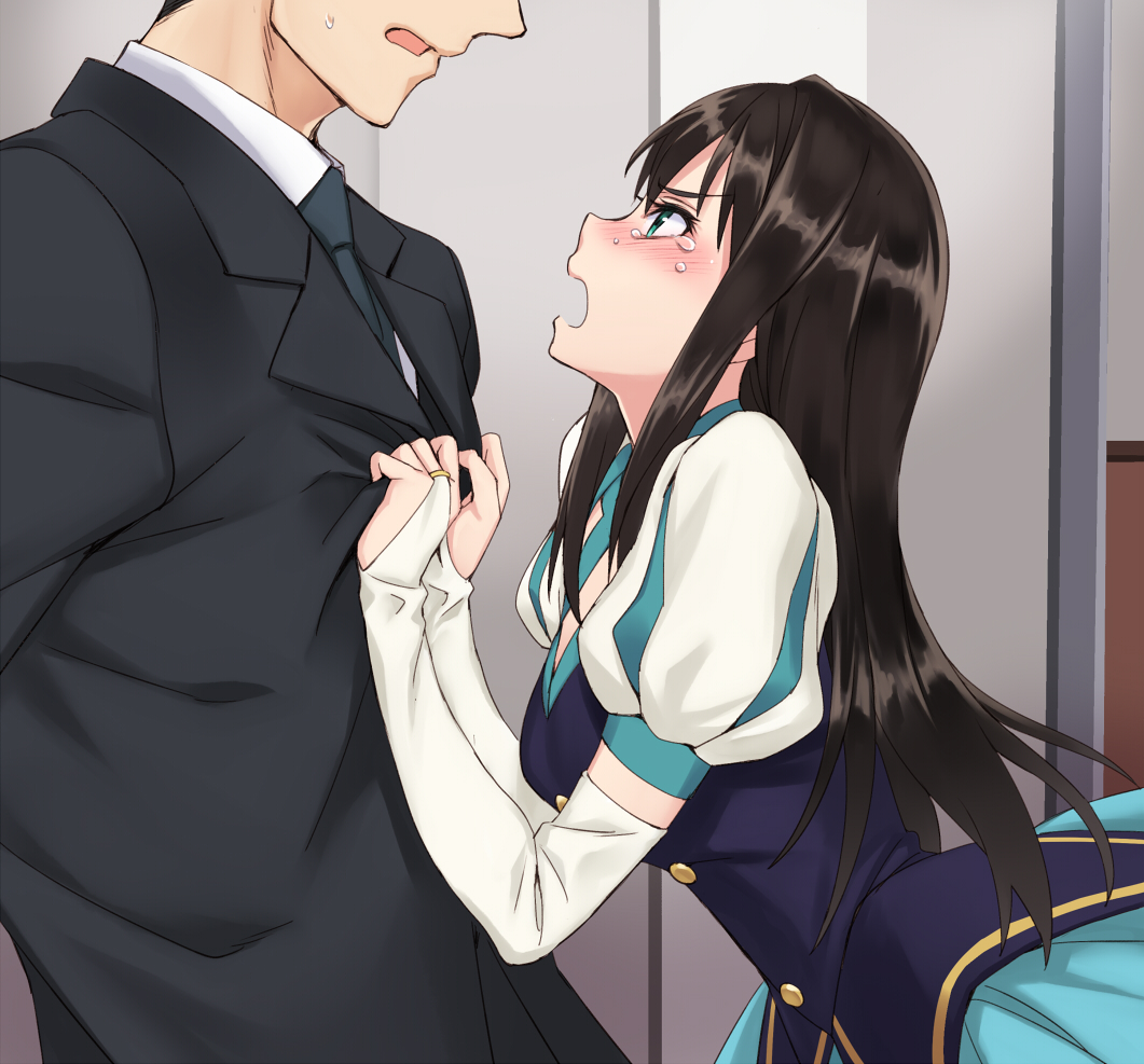 1boy, 1girl, blush, bridal_gauntlets, brown_hair, business_suit, clothes_grab, dress