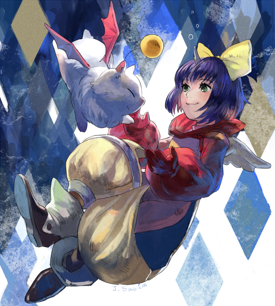 1girl, abstract_background, baggy_pants, bow, eiko_carol, final_fantasy, final_fantasy_ix, floating