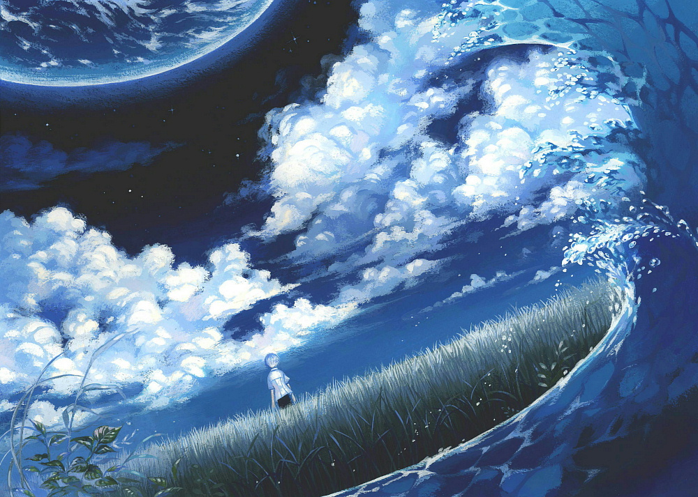 clouds, grass, night, planet, star, suijou_ai, suijyou, water, waves, white_hair