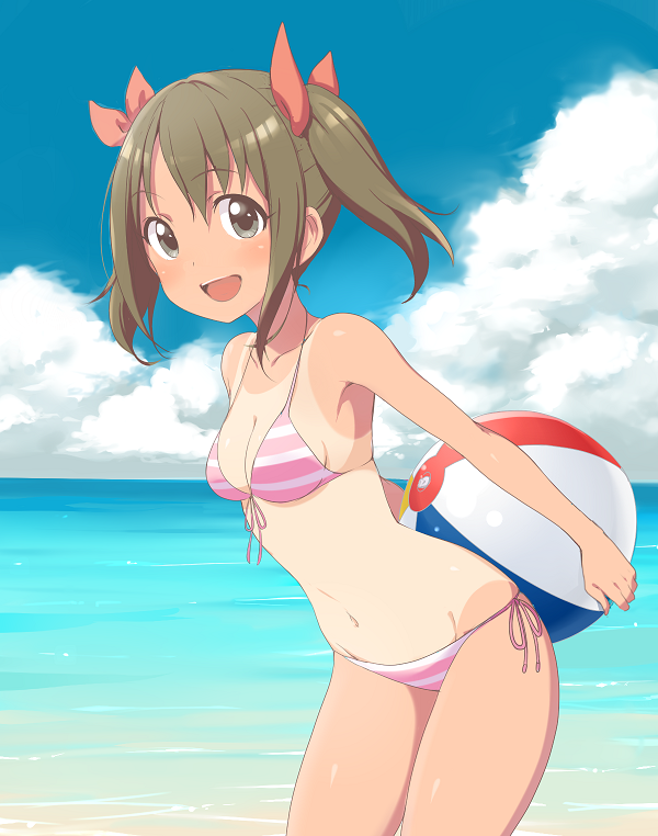 1girl, ball, beach, beachball, bikini, brown_hair, idolmaster, idolmaster_cinderella_girls