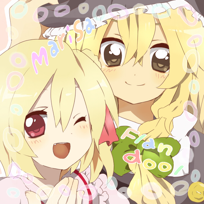 blonde_hair, booth_photo, bow, brown_eyes, fang, flandre_scarlet, hair_ribbon, kirisame_marisa