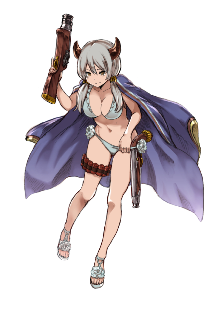 1girl, ammunition, bikini, blue_bikini, breasts, brown_eyes, cape, cleavage
