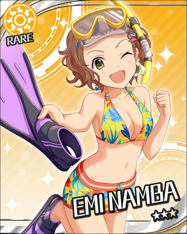 bikini, blonde_hair, character_name, flippers, goggles, green_eyes, happy, idolmaster