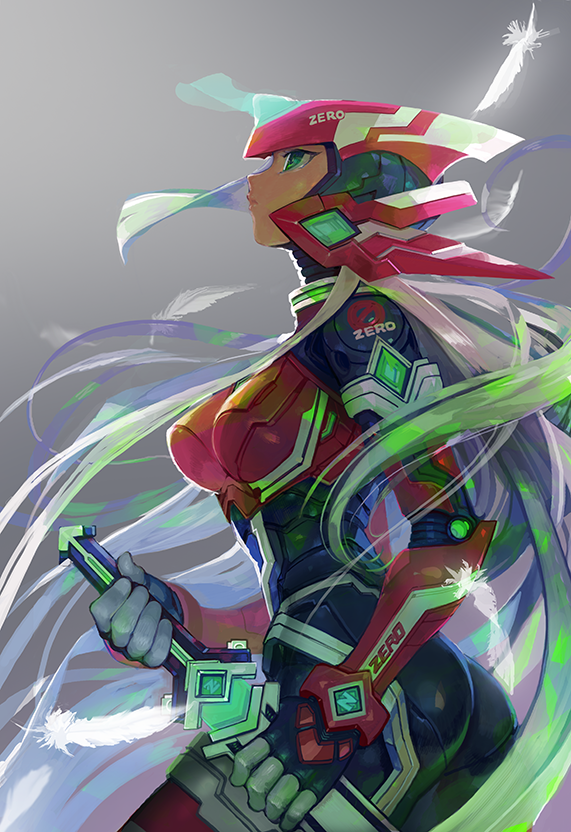 1girl, ass, blonde_hair, feathers, genderswap, green_eyes, helmet, mega_man_(series)