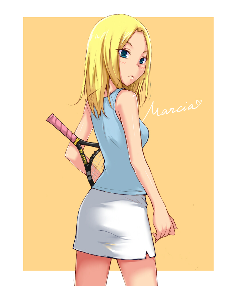 1girl, aqua_eyes, baby_steps, blonde_hair, character_name, looking_back, marcia_o'brien, orange_background