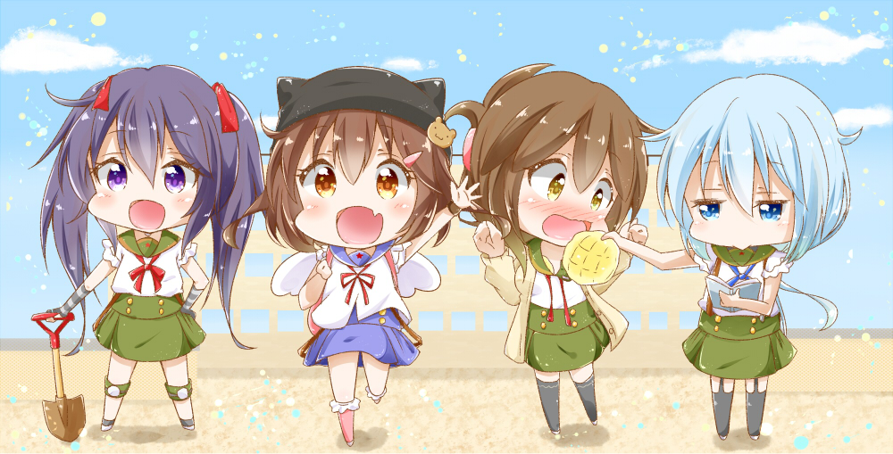 4girls, :d, akatsuki_(kantai_collection), alternate_costume, alternate_hairstyle, alternate_headwear, black_legwear, blue_eyes