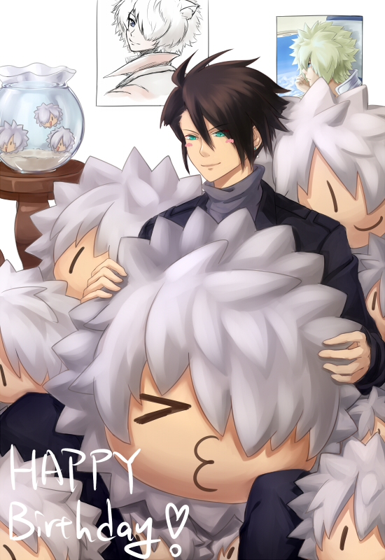 >_<, 1boy, :3, aqua_eyes, bishop_(phi_brain), blush_stickers, closed_eyes, fishbowl