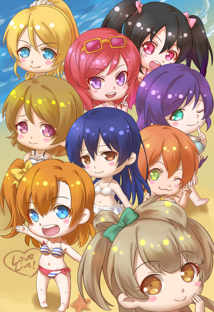6+girls, :d, ayase_eli, barefoot, beach, bikini, bikini_skirt, blue_eyes