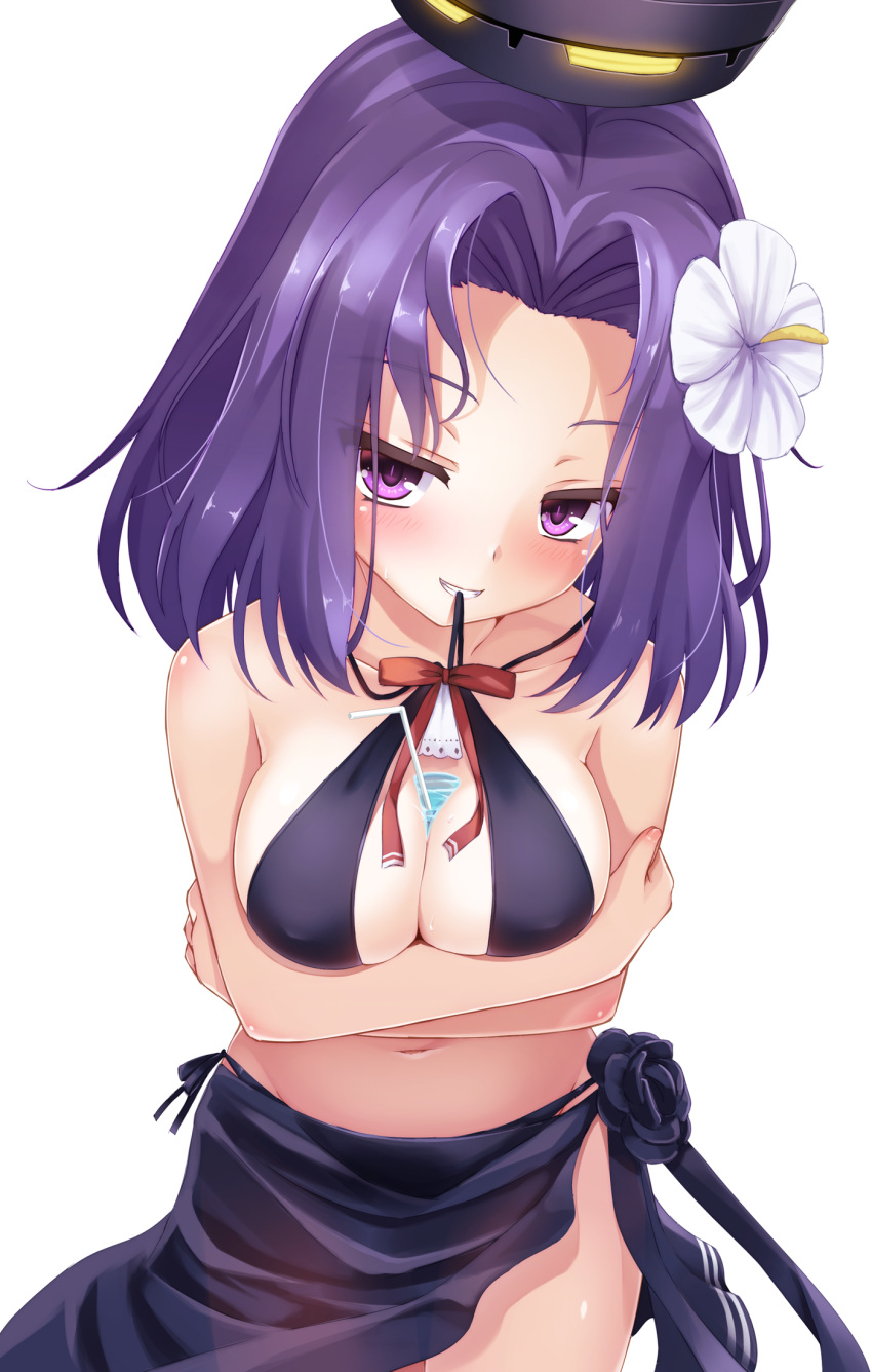 1girl, bendy_straw, bikini, black_bikini, blush, breasts, bust_cup, cleavage