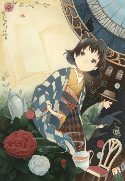 black_cat, black_hair, book, bunny_ears, cat, chair, clock, flower